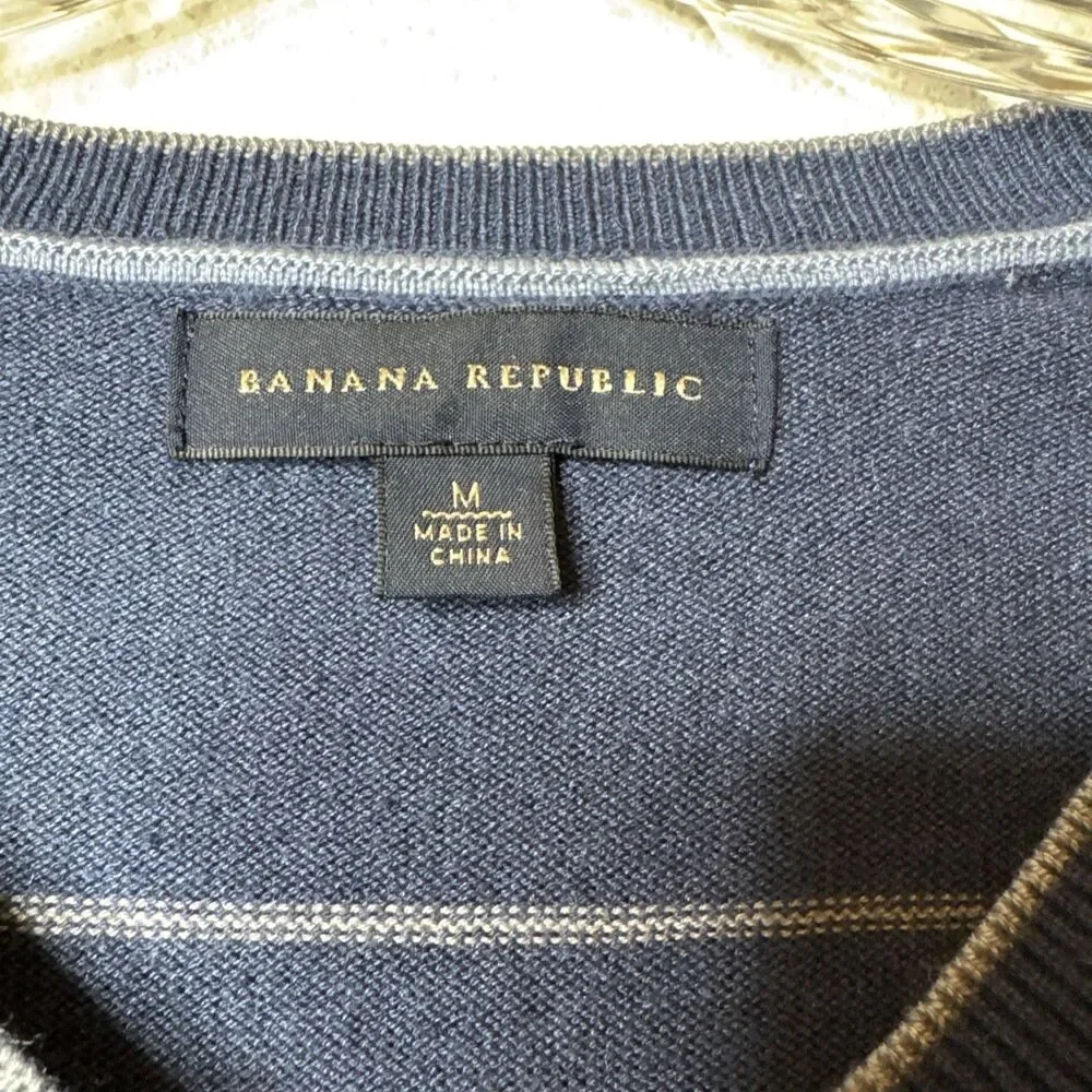 Banana Republic Blue Striped V-Neck Silk Cashmere Nylon Sweater Mens Size Medium
